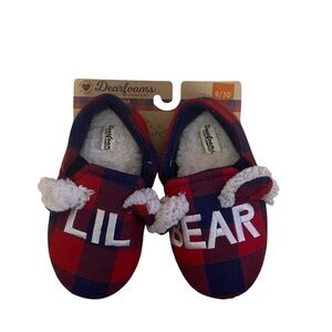 Dearfoams Lil Bear Plaid Slippers NEW Sz 9-10 Red Blue
